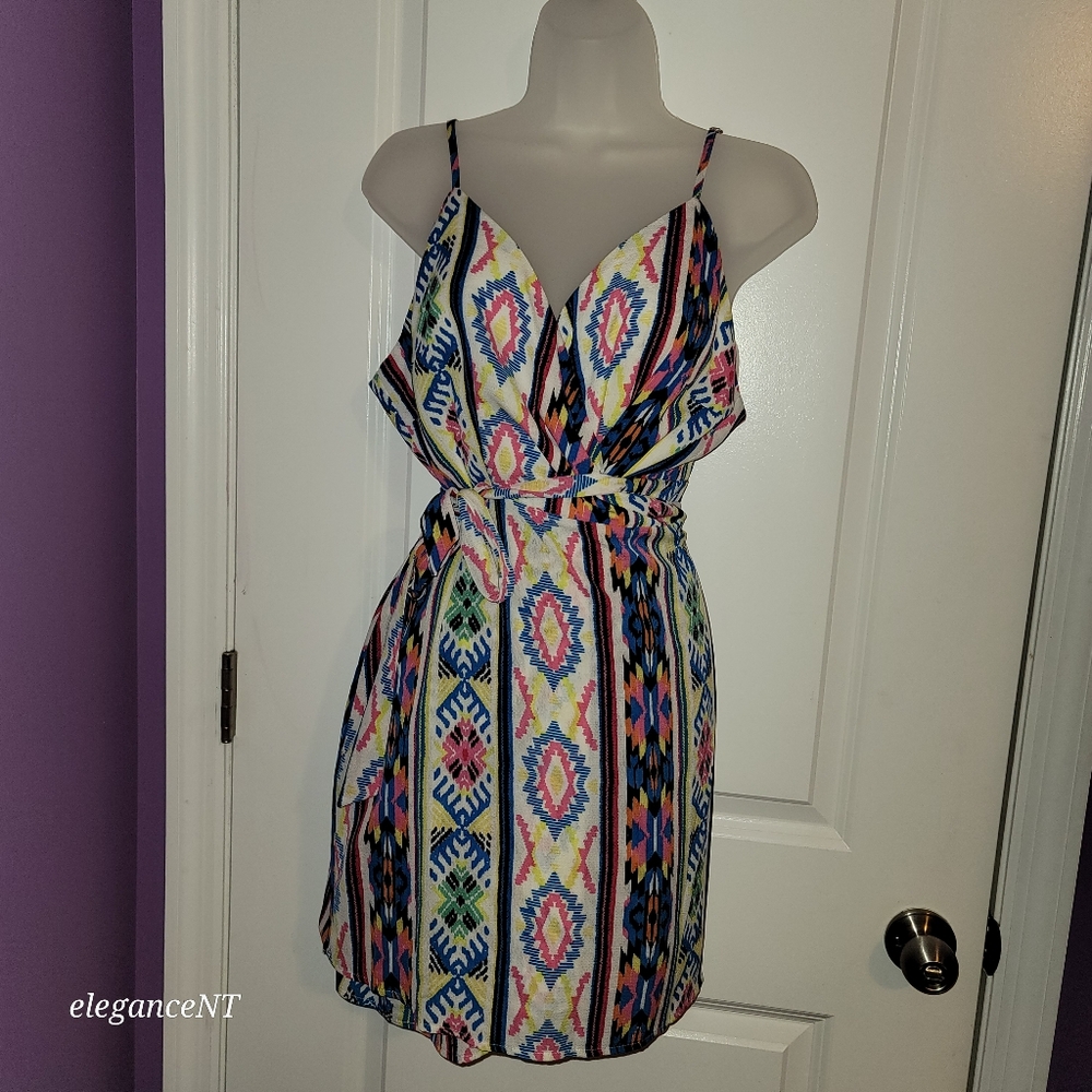 Forever 21 Multicolor Patterned Wrap Style Women's Dress Sz: Large - Picture 4 of 6